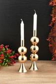 TR Turan Collection ELİT 2'li Şamdan Seti Gold Renk Dekoratif Metal Mumluk - 1
