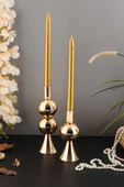 TR Turan Collection ELİT 2'li Şamdan Seti Orta-Küçük Gold Renk Dekoratif Metal Mumluk - 1