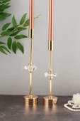 TR Turan Collection CONTES 2'li Lüks Şamdan Kristal Dekorlu Gold Kaplama Metal Mumluk - 2