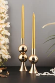 TR Turan Collection ELİT 2'li Şamdan Seti Orta-Küçük Gold Renk Dekoratif Metal Mumluk - 2