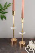TR Turan Collection CONTES 2'li Lüks Şamdan Kristal Dekorlu Gold Kaplama Metal Mumluk - 4