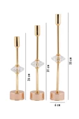 TR Turan Collection CONTES 3'lü Lüks Şamdan Kristal Dekorlu Gold Kaplama Metal Mumluk - 5