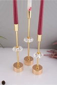 TR Turan Collection CONTES 3'lü Lüks Şamdan Kristal Dekorlu Gold Kaplama Metal Mumluk - 2