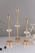 TR Turan Collection CONTES 3'lü Lüks Şamdan Kristal Dekorlu Gold Kaplama Metal Mumluk - 3
