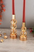TR Turan Collection HORİZON 2'li Şamdan Seti Gold Renk Amber Kristal Görünümlü Dekoratif Metal Mumluk - 4