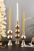 TR Turan Collection ELİT 3'lü Şamdan Seti Gold Renk Dekoratif Metal Mumluk - 1