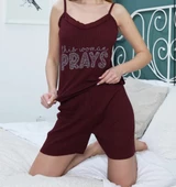 Bordo Baskı Detaylı Şortlu Pijama Takımı - 1