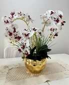 Nettenevime Yapay Çiçek 4lü Bordo Çilli Beyaz Islak Orkide Metal Yuvarlak Gold Vazoda Orkide 50cm thumbnail 2