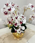 Nettenevime Yapay Çiçek 4lü Bordo Çilli Beyaz Islak Orkide Metal Yuvarlak Gold Vazoda Orkide 50cm thumbnail 3