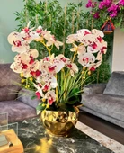 Nettenevime Yapay Çiçek 4lü Bordo Çilli Beyaz Islak Orkide Metal Yuvarlak Gold Vazoda Orkide 50cm thumbnail 5