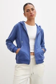 Fermuarlı Kapüşonlu Sweatshirt Mavi - 1