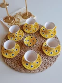 Den Tasarım Hediyelik Nazar Boncuğu El işlemesi 6 Kişilik Kahve Fincan Seti Sarı thumbnail 2