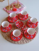 Den Tasarım Hediyelik Nazar Boncuğu El işlemesi 6 Kişilik Kahve Fincan Seti Kırmızı thumbnail 3