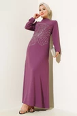 Önü Çiçek Taşlı Elbise Magenta - 1