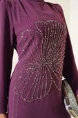 Önü Çiçek Taşlı Elbise Magenta - 4