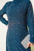 Önü ve Kolu Taş Süslemeli Elbise Petrol thumbnail 4