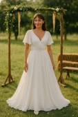Büyük Beden Kadın Pelerin Kol İşleme Detaylı Dökümlü Beyaz Şifon Nikah Elbisesi KL3045 - 1