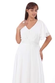 Büyük Beden Kadın Pelerin Kol İşleme Detaylı Dökümlü Beyaz Şifon Nikah Elbisesi KL3045 - 5