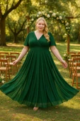 Kadın Kendinden Simli Esnek Tül Zümrüt Yeşil Abiye Elbise KL3051 thumbnail 1