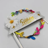 Lüks Pasta Üstü Çubuklu Happy Bırthday Yapraklı Işıklı Renkli  21 cm - 1