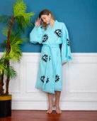 Bornoz ,Plaj Kıyafeti,Kimono , Kaftan ,Sabahlık Turkuaz Kumaş Naturel Göz Desen Baskılıı - 3