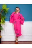 Bornoz ,Plaj Kıyafeti,Kimono , Kaftan ,Sabahlık Pembe Kumaş Siyah Leopar Desen Baskılı - 1
