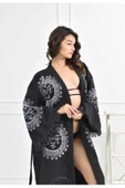 Bornoz ,Plaj Kıyafeti,Kimono , Kaftan ,Sabahlık Siyah Kumaş Güneş  Desen Baskılı - 1