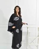 Bornoz ,Plaj Kıyafeti,Kimono , Kaftan ,Sabahlık Siyah Kumaş Büyük Göz  Desen Baskılı - 3