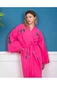 Bornoz ,Plaj Kıyafeti,Kimono , Kaftan ,Sabahlık Pembe Kumaş Siyah Leopar Desen Baskılı - 2