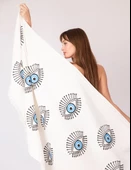 Plaj Havlusu ,Banyo Havlusu ,Peştamal ,Koltuk örtüsü Mavi Nazar Göz Desen Baskılı - 4