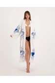 Bornoz ,Plaj Kıyafeti,Kimono , Kaftan ,SabahlıkMAvi  Ying Yang NAzar Göz Desen Baskılı - 1