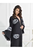 Bornoz ,Plaj Kıyafeti,Kimono , Kaftan ,Sabahlık Siyah Kumaş Büyük Göz  Desen Baskılı - 2