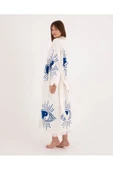 Bornoz ,Plaj Kıyafeti,Kimono , Kaftan ,SabahlıkMAvi  Ying Yang NAzar Göz Desen Baskılı - 3