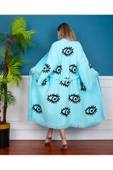 Bornoz ,Plaj Kıyafeti,Kimono , Kaftan ,Sabahlık Turkuaz Kumaş Naturel Göz Desen Baskılıı - 2