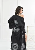 Bornoz ,Plaj Kıyafeti,Kimono , Kaftan ,Sabahlık Siyah Kumaş Güneş  Desen Baskılı - 3