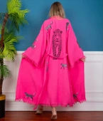 Bornoz ,Plaj Kıyafeti,Kimono , Kaftan ,Sabahlık Pembe Kumaş Siyah Leopar Desen Baskılı - 3