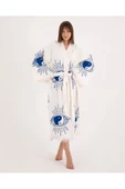 Bornoz ,Plaj Kıyafeti,Kimono , Kaftan ,SabahlıkMAvi  Ying Yang NAzar Göz Desen Baskılı - 5