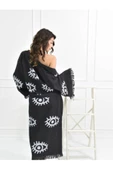 Bornoz ,Plaj Kıyafeti,Kimono , Kaftan ,Sabahlık Siyah Kumaş Büyük Göz  Desen Baskılı - 1
