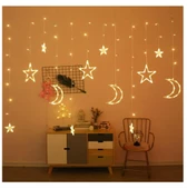 5 Metre Ay Yıldız Perde LED Işık Animasyonlu  Fişli Yıldızlı Saçaklı LED Perde Süsleme - 5