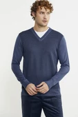 Regular Fit Jakarlı Yünlü Triko Kazak - Indigo - 3