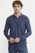 Polo Yaka Düğmeli Triko Kazak - Indigo thumbnail 1