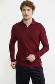 Polo Yaka Düğmeli Triko Kazak - Bordo - 3