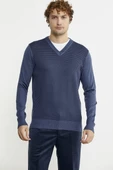 Regular Fit Jakarlı Yünlü Triko Kazak - Indigo - 2