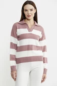 Açık Polo Yaka Çizgili Yünlü Triko Kazak - Gül thumbnail 1
