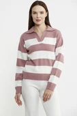 Açık Polo Yaka Çizgili Yünlü Triko Kazak - Gül thumbnail 3