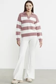 Açık Polo Yaka Çizgili Yünlü Triko Kazak - Gül thumbnail 4