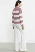 Açık Polo Yaka Çizgili Yünlü Triko Kazak - Gül thumbnail 5