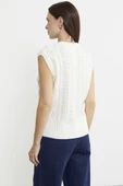 Saç Örgülü Arkası Uzun Yünlü Triko Süveter - Kemik - 5
