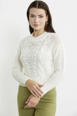 Saç Örgü Motifli Crop Yünlü Triko Kazak - Kemik - 1