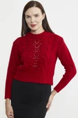 Saç Örgü Motifli Crop Yünlü Triko Kazak - Kırmızı thumbnail 1